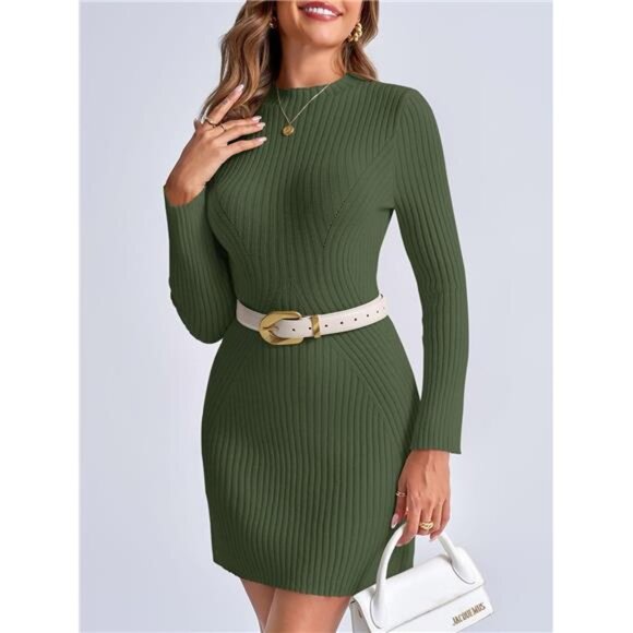 Womens Long Sleeve Sweater Mini Dress Green - Picture 2 of 6
